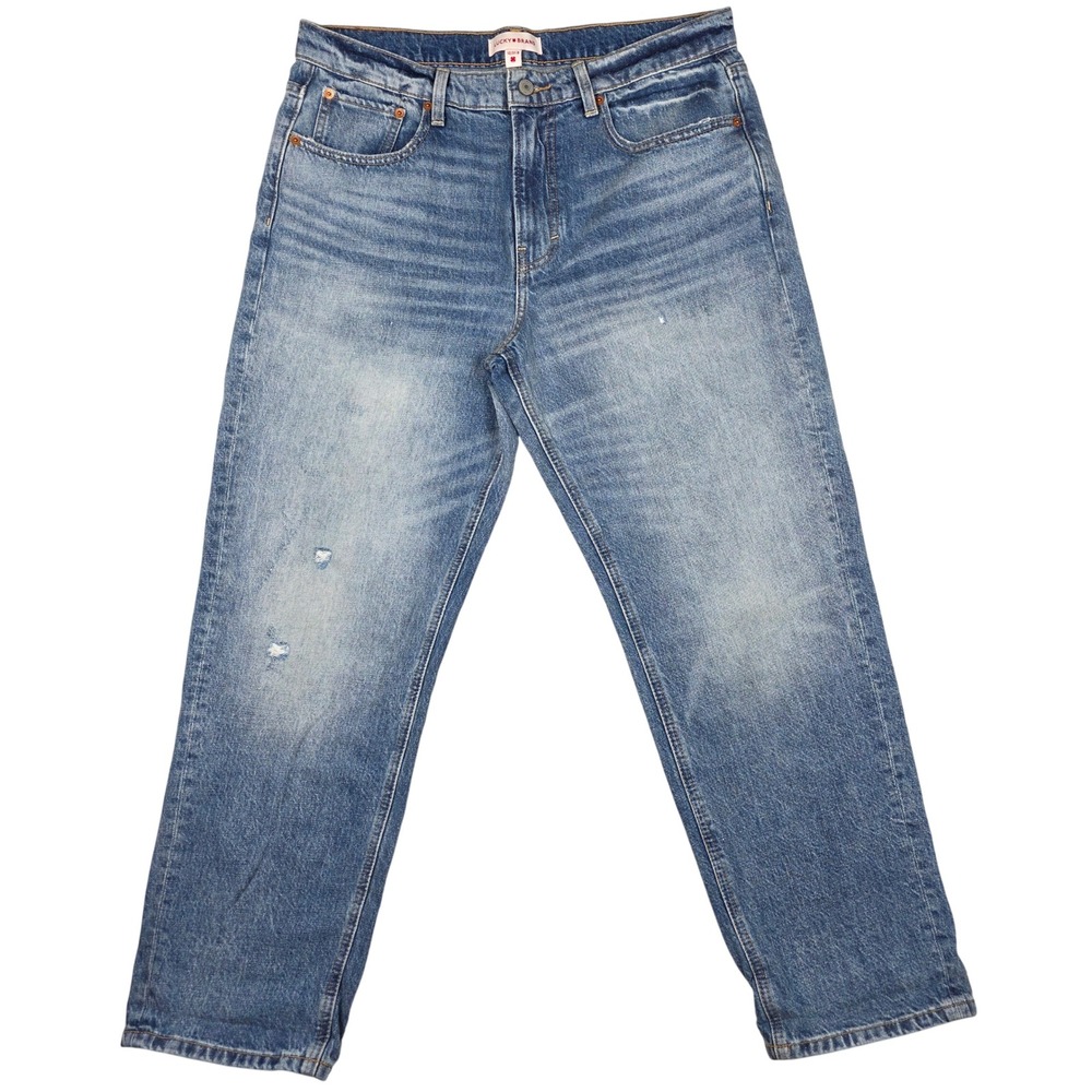 Lucky‎ Brand Women Boy Mid Rise Straight Jeans Medium Wash Distressed Size 12/31